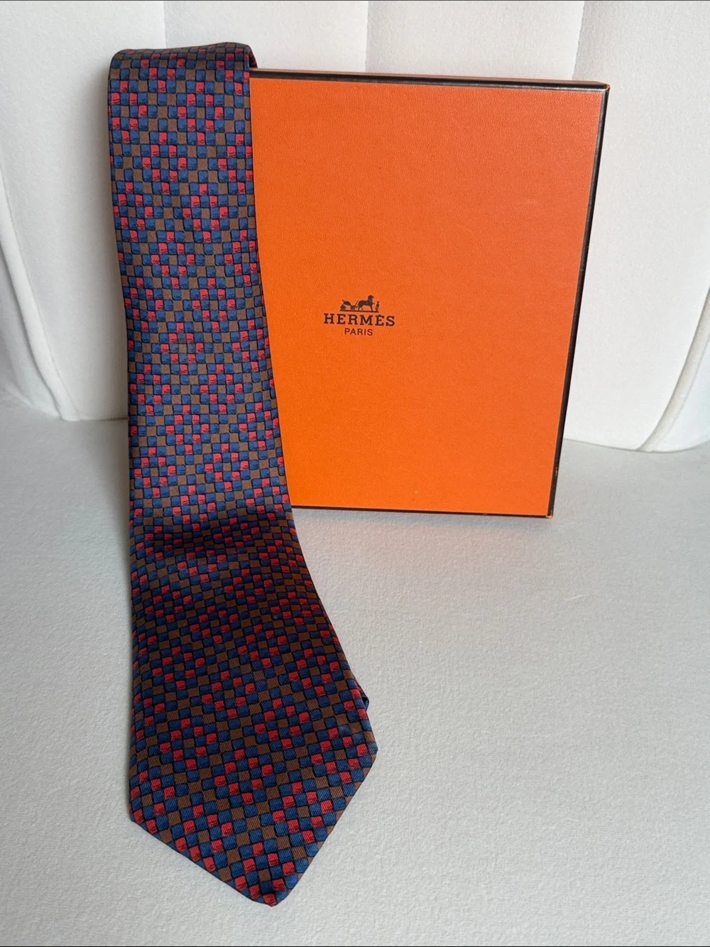 Hermès Paris Silk Tie Blue Red Geometric Check Pattern Luxury Made in France Box